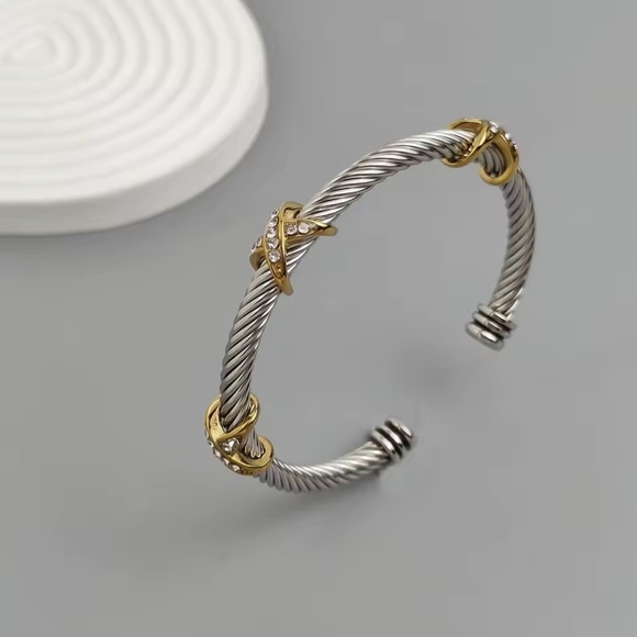 Anthropologie Jewelry - Two-Tone Silver and Gold Twisted Cable Cuff with Crystal Knots